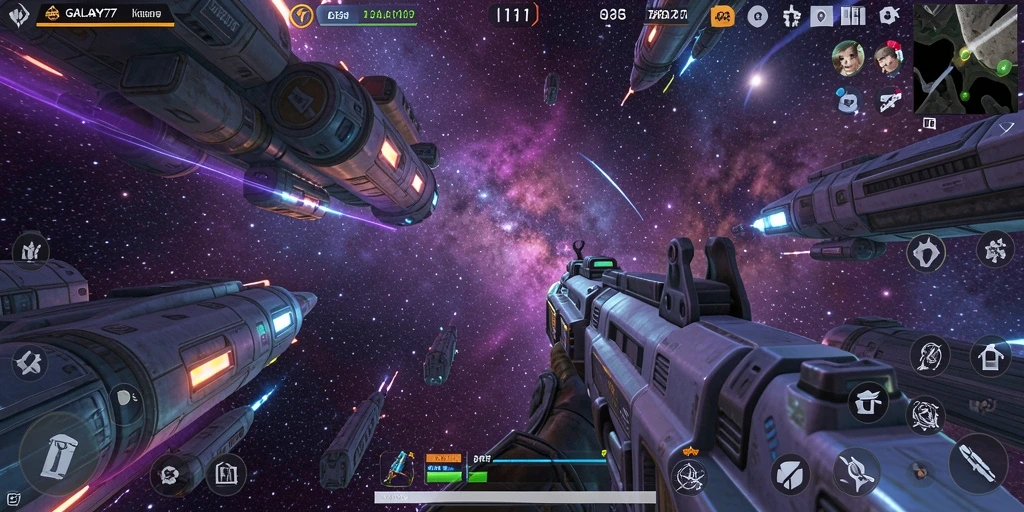 Tangkapan layar GALAXY77 menunjukkan aksi mendebarkan dalam gameplay TPS.