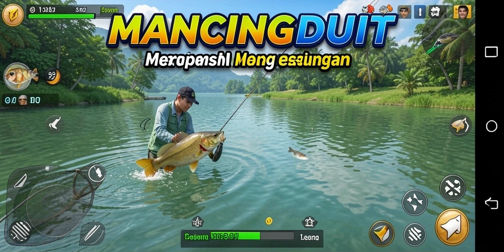 Screenshot gameplay MANCINGDUIT dengan aksi memancing yang seru.